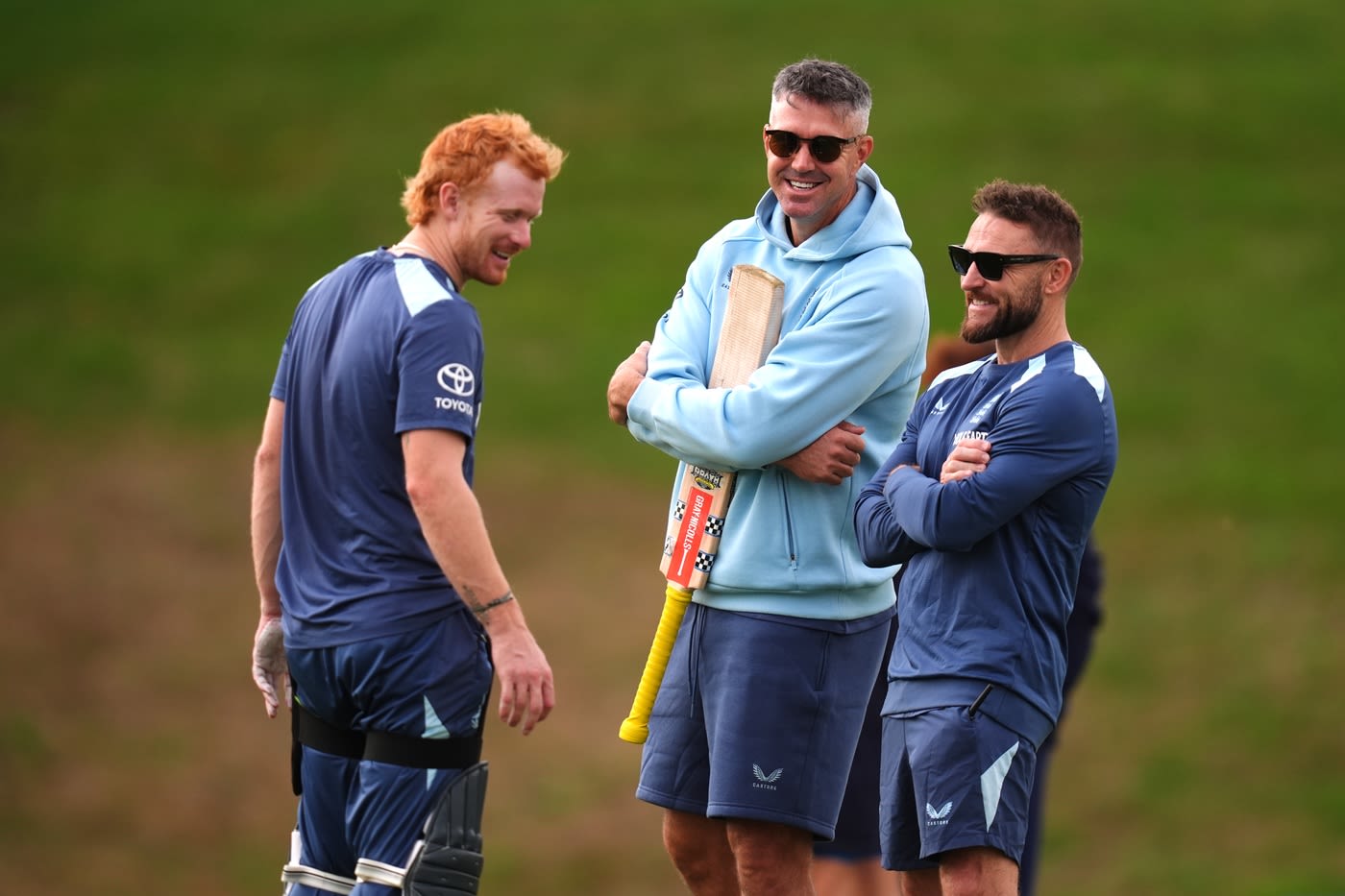Jordan Cox, Kevin Pietersen and Brendon McCullum share a lighter moment at training
