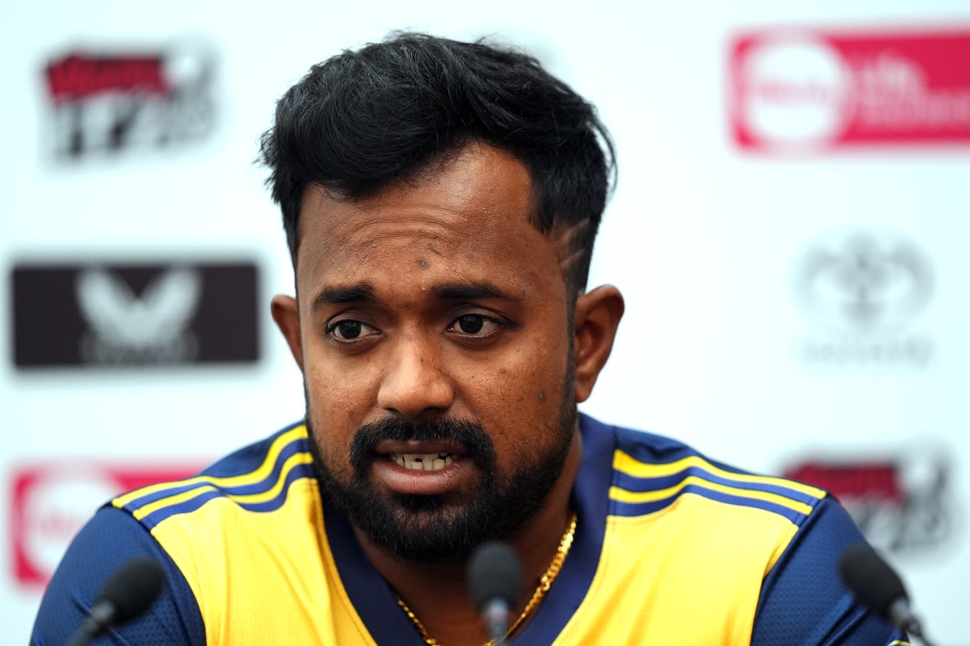 Charith Asalanka speaks to the media
