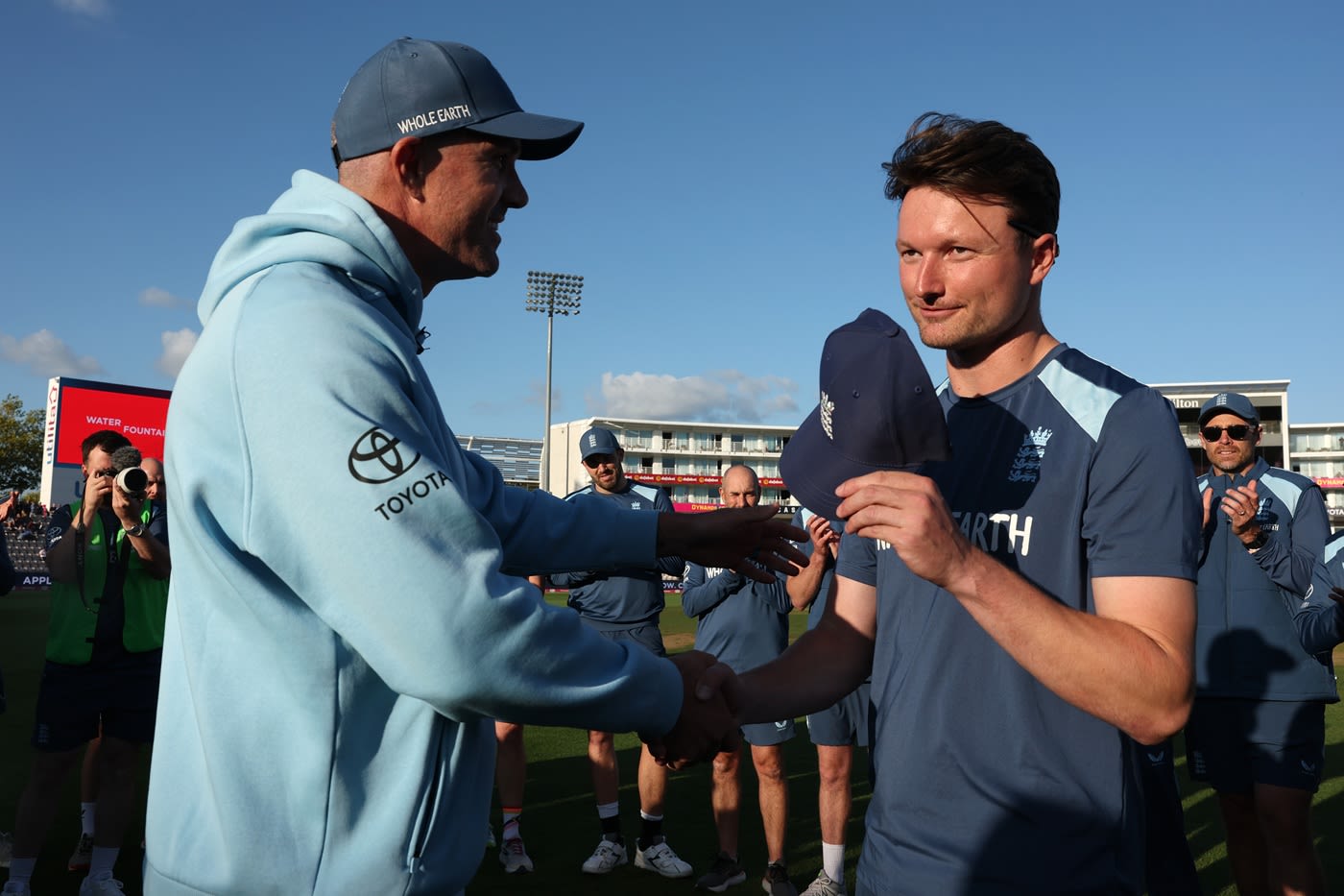 Kevin Pietersen presents Aneurin Donald with his cap