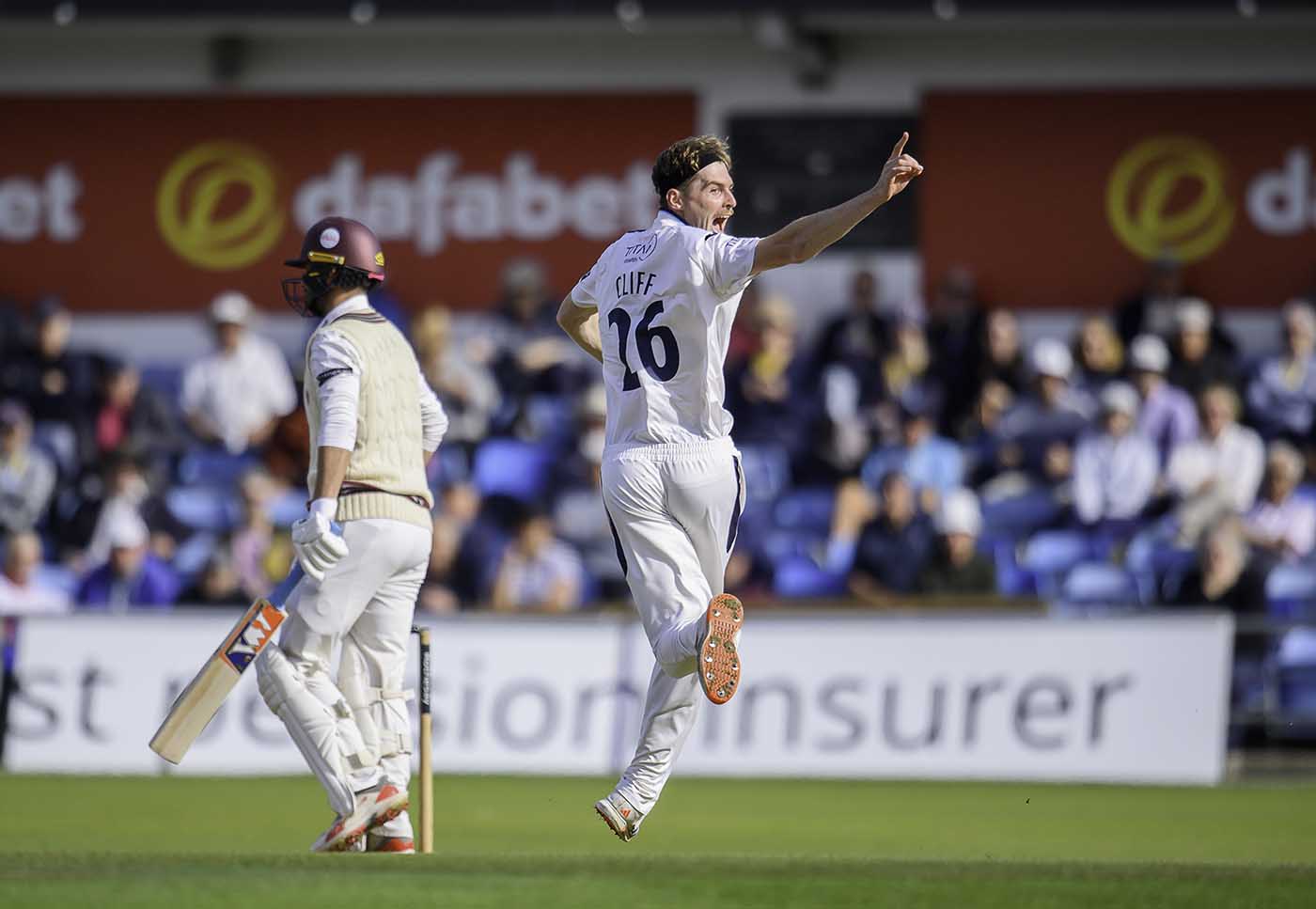 Ben Cliff appeals for the wicket of James Rew, one of his eight