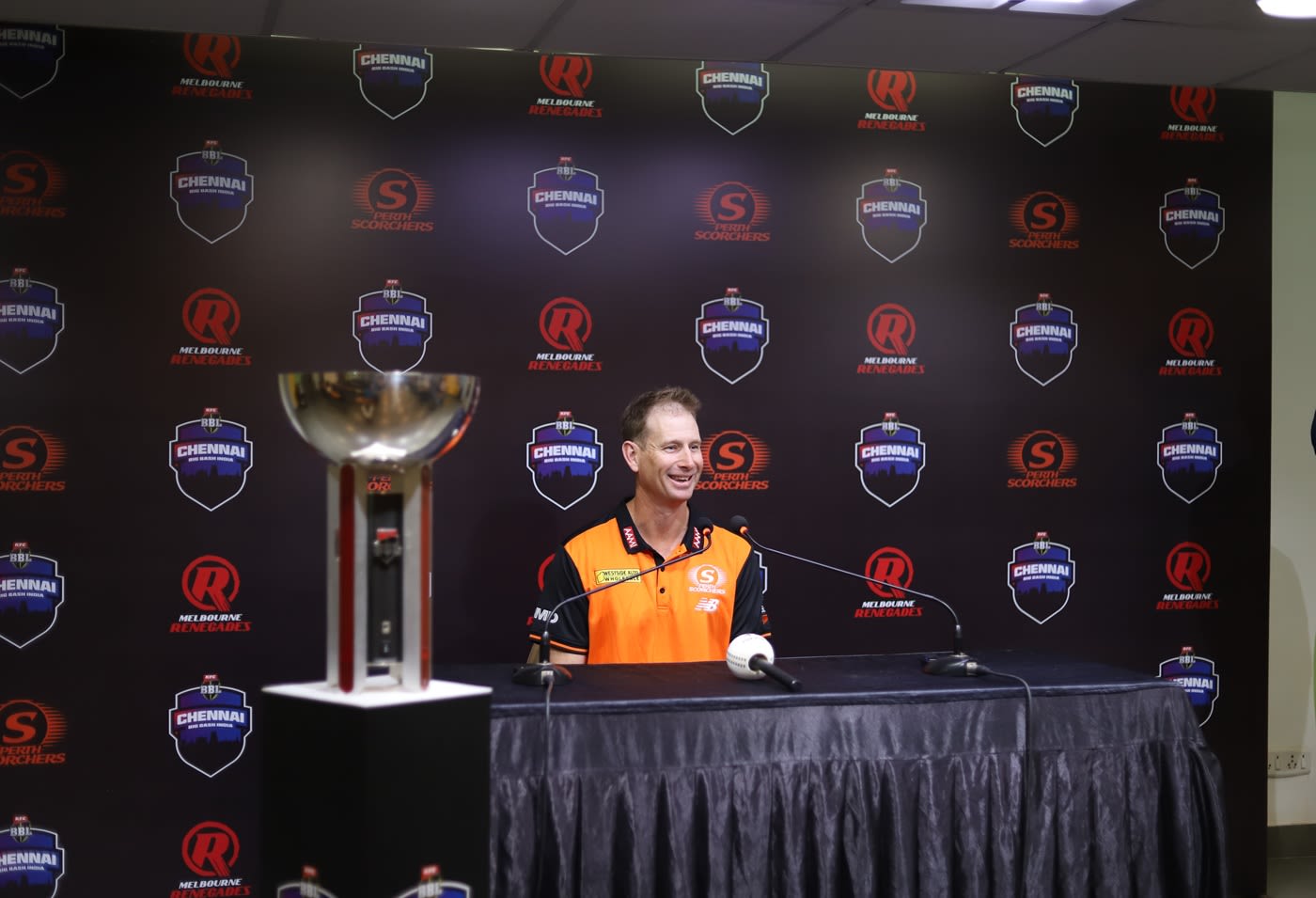 Perth Scorchers' head coach Adam Voges speaks to the media in Chennai