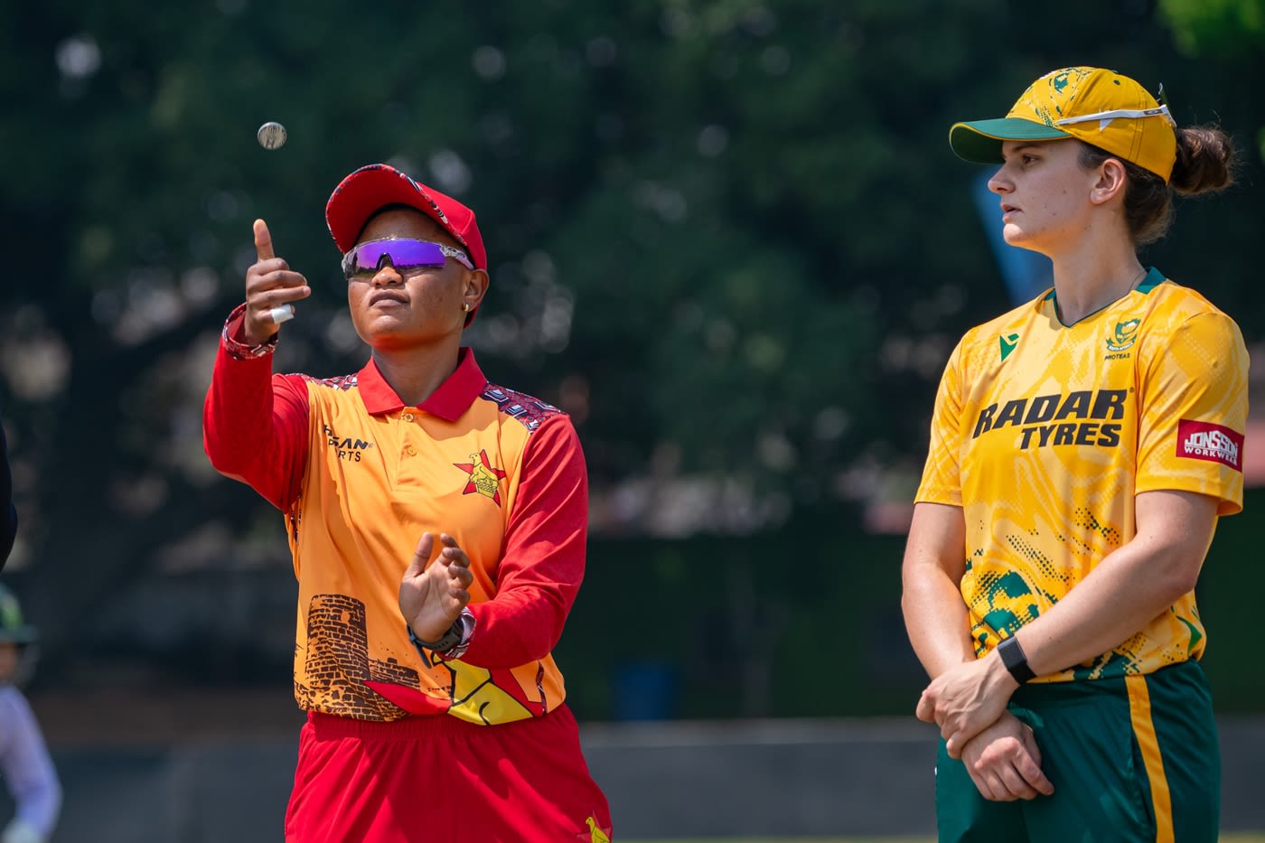 Josephine Nkomo in her first T20I as Zimbabwe's full-time captain as South Africa's Laura Wolvaardt looks on