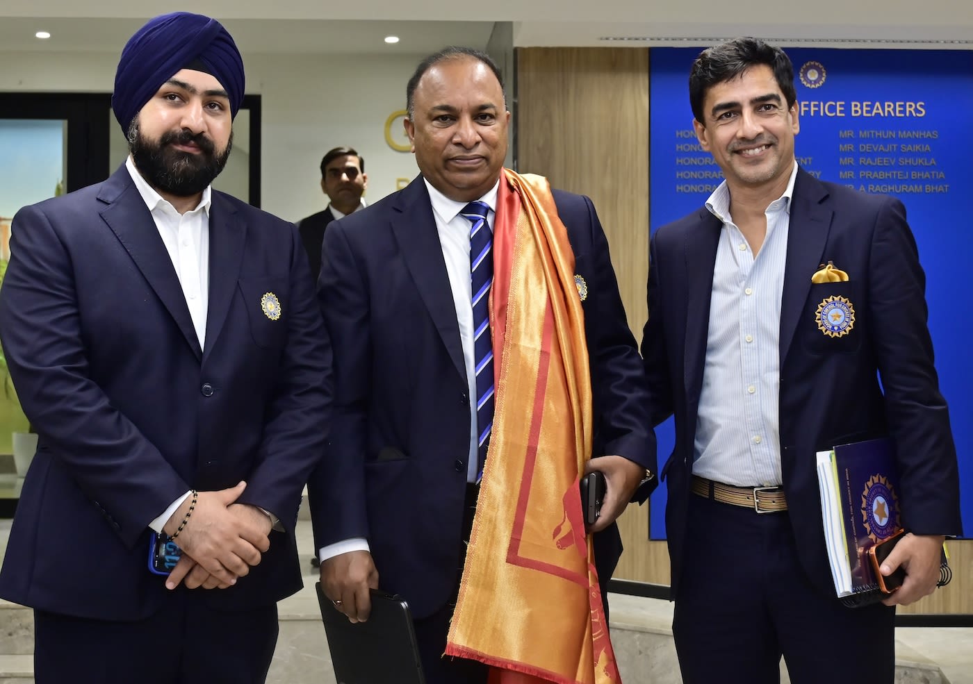 Prabhtej Singh Bhatia, Devajit Saikia and Mithun Manhas arrive at the BCCI headquarters