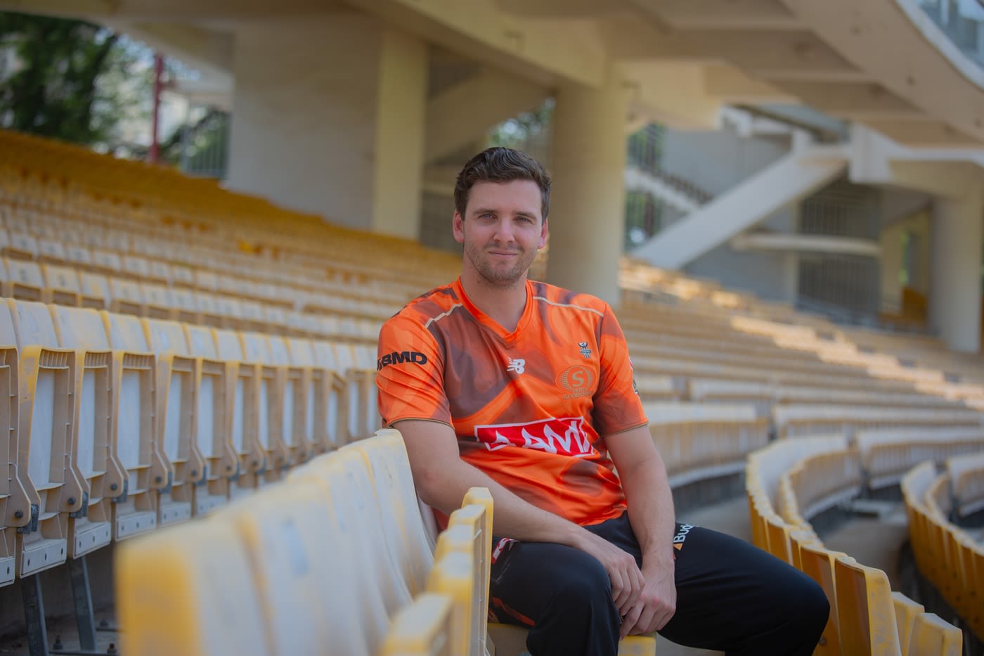 Jhye Richardson strikes a pose at Chepauk during a BBL event