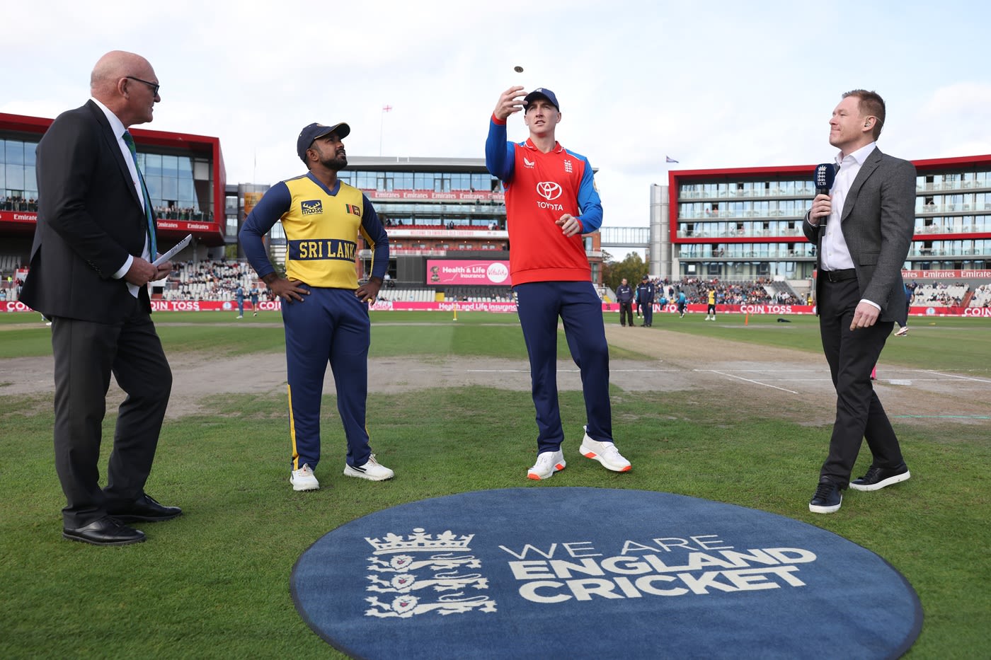 Harry Brook flips the coin at the toss