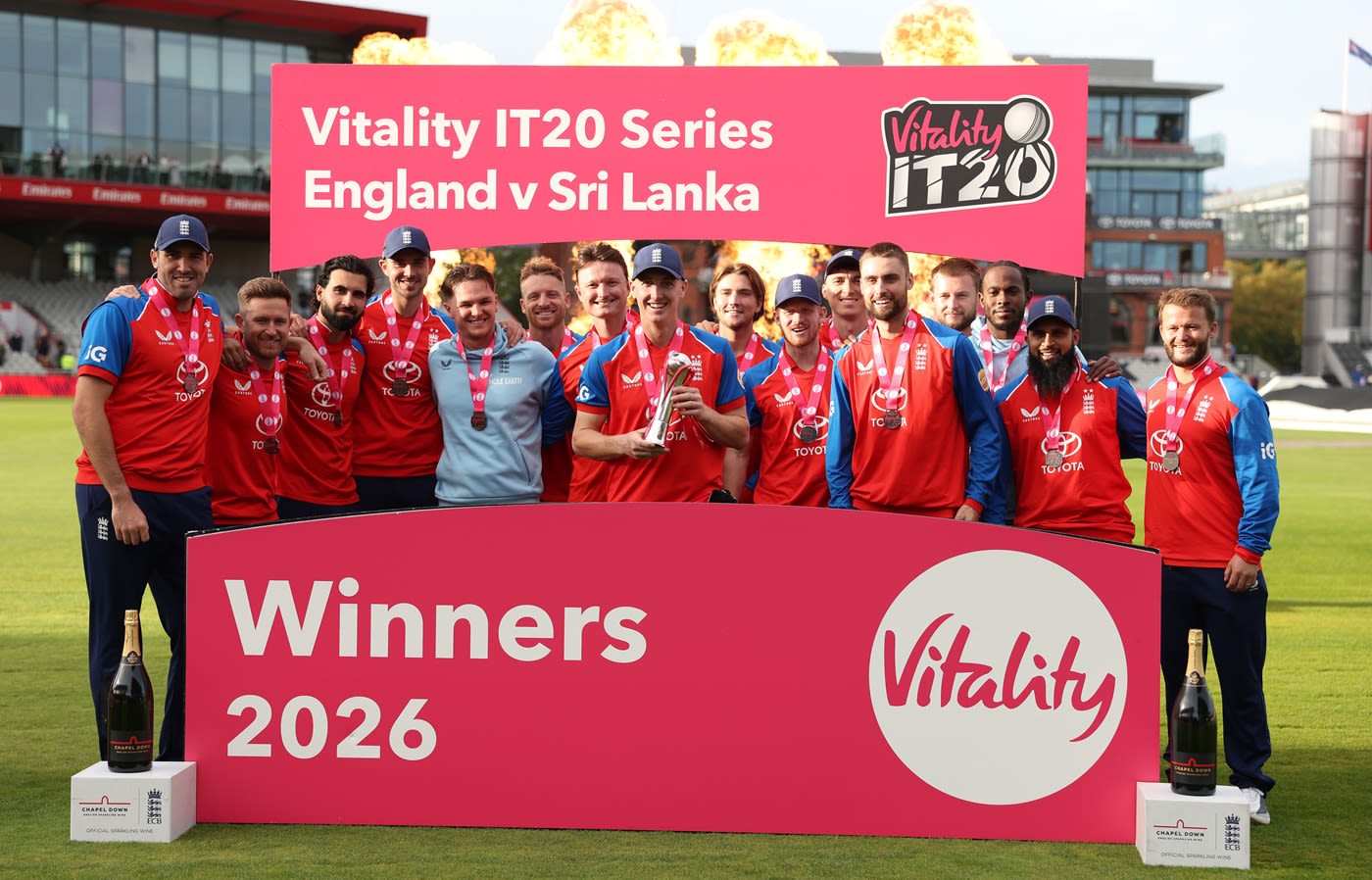 Harry Brook and his England team pose with the series trophy