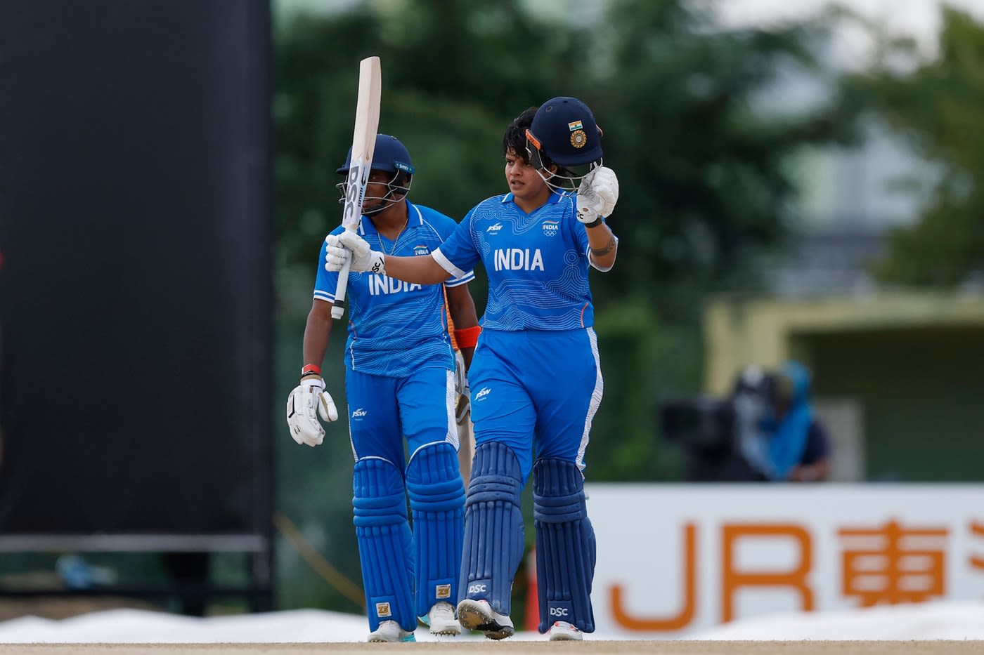 Shafali Verma raises her bat after scoring her maiden ton in white-ball internationals