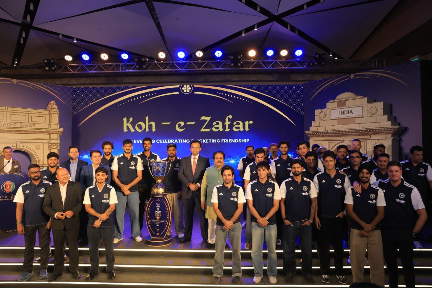 Rohan Jaitley and Rajiv Shukla share the stage with India players at a media event