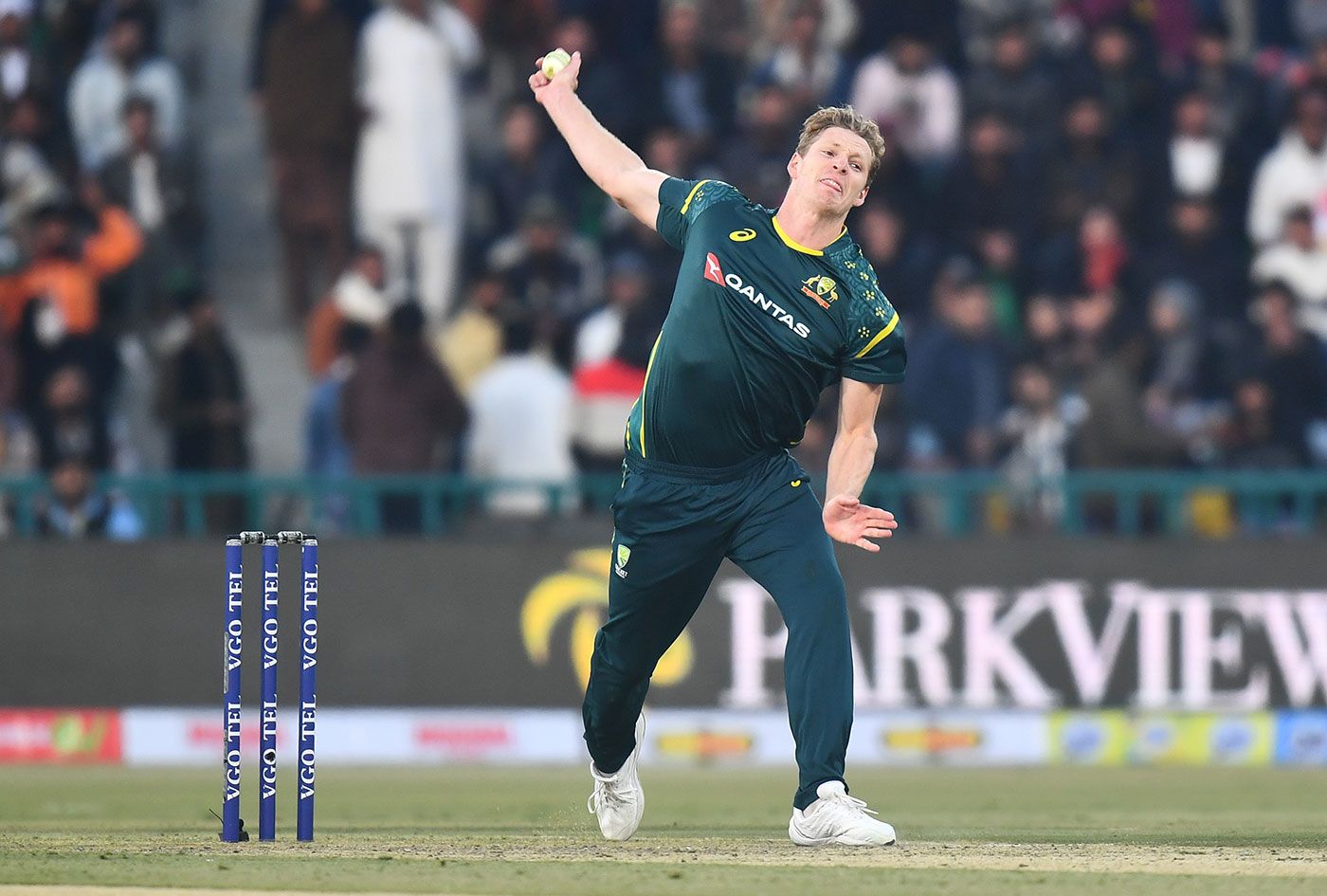 Jack Edwards bowls on his T20I debut