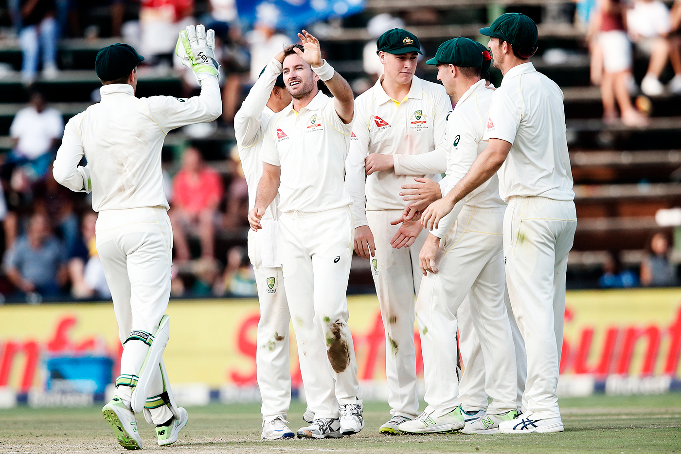 Chadd Sayers celebrates his first Test wicket