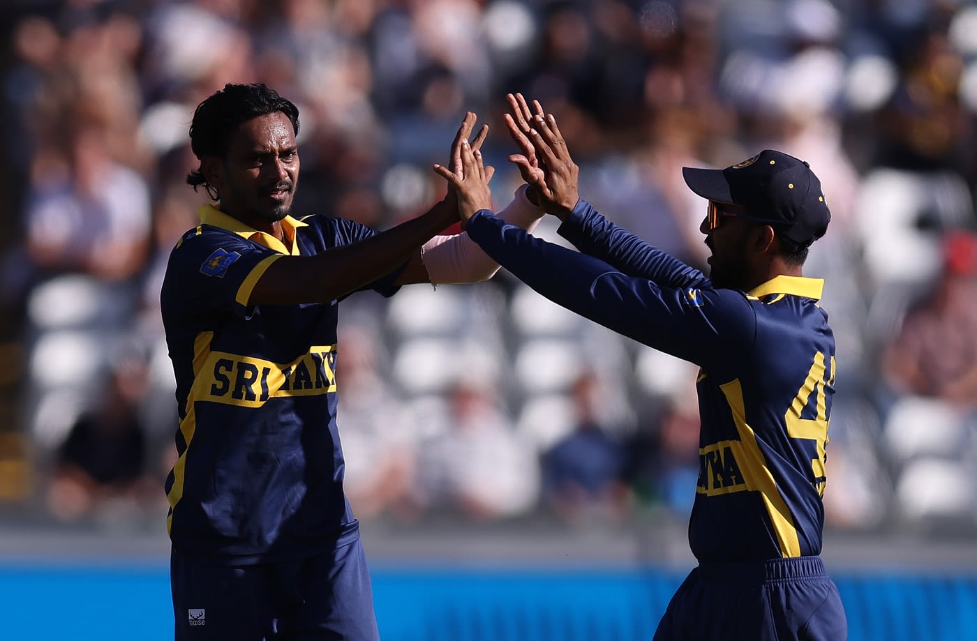 Dushmantha Chameera gets high-fived after removing Harry Brook