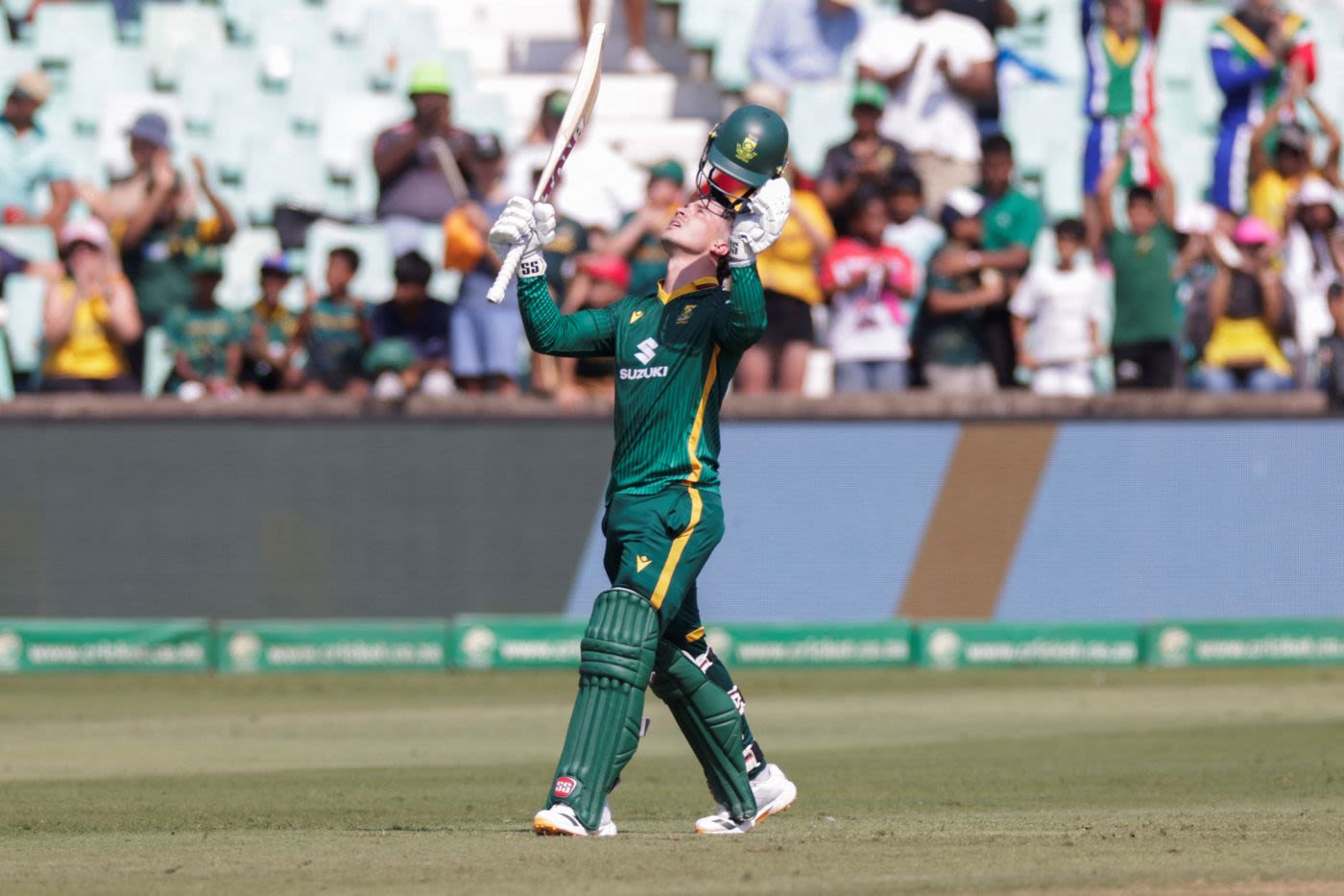 Matthew Breetzke celebrates his second ODI century