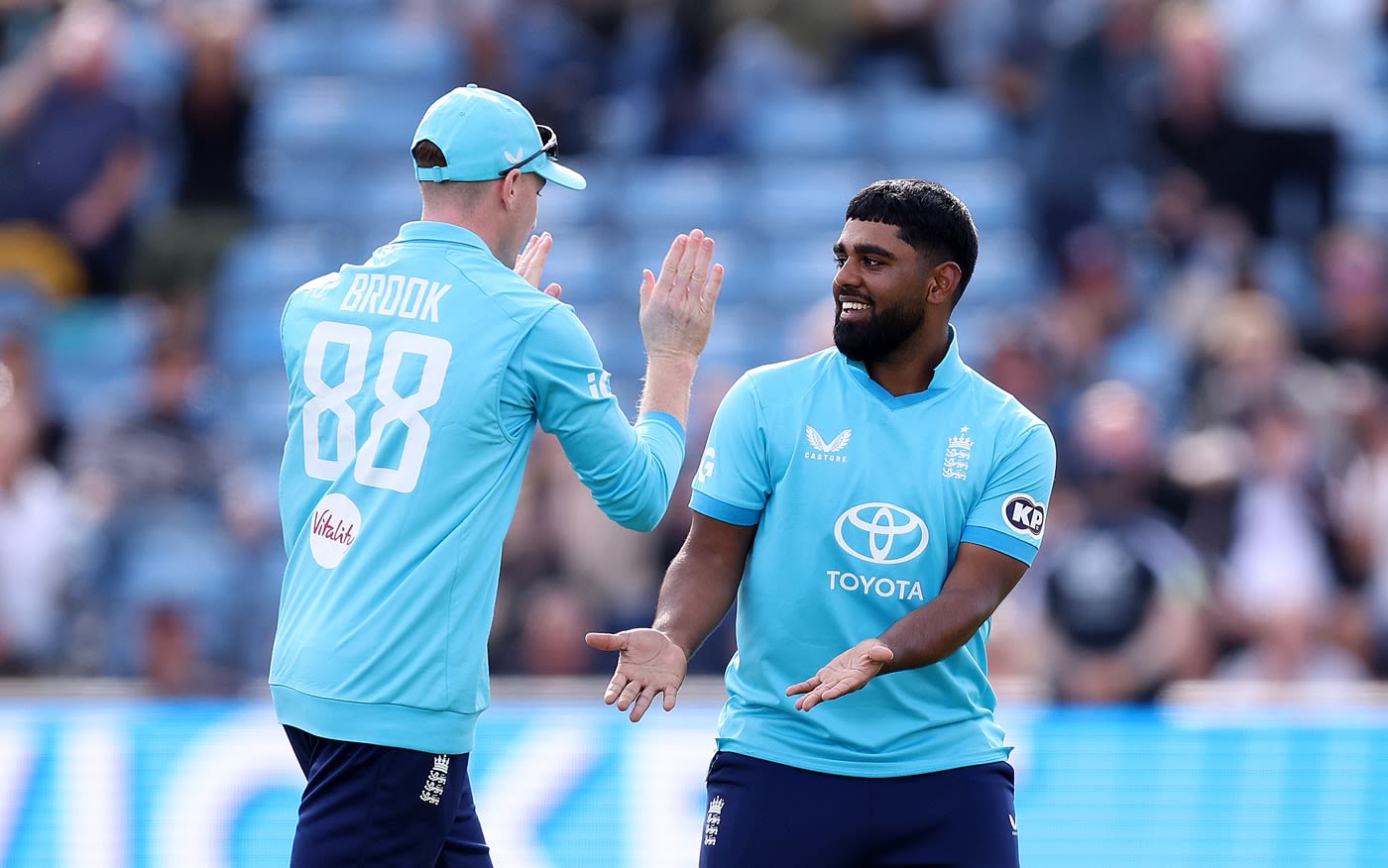 Rehan Ahmed celebrates his dismissal of Kusal Mendis