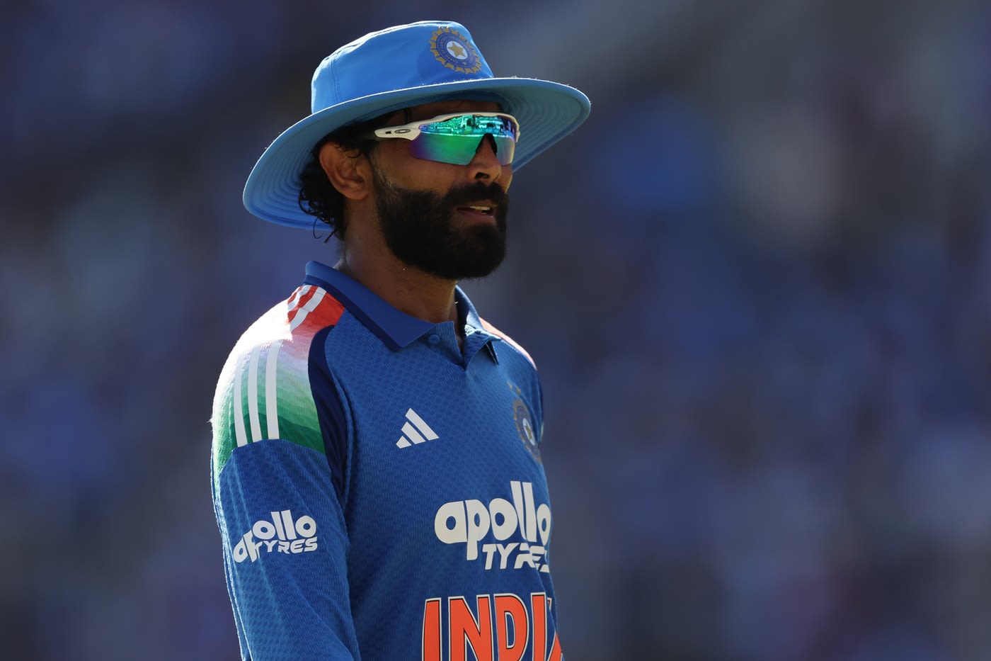 Ravindra Jadeja looks on in the field