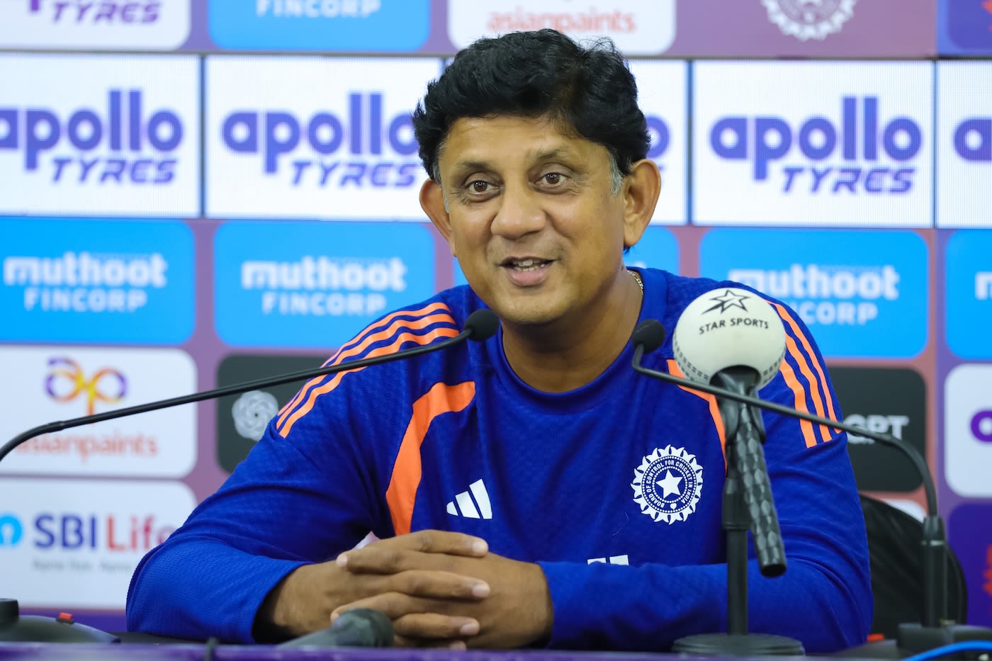 India's spin bowling coach Sairaj Bahutule speaks to the media