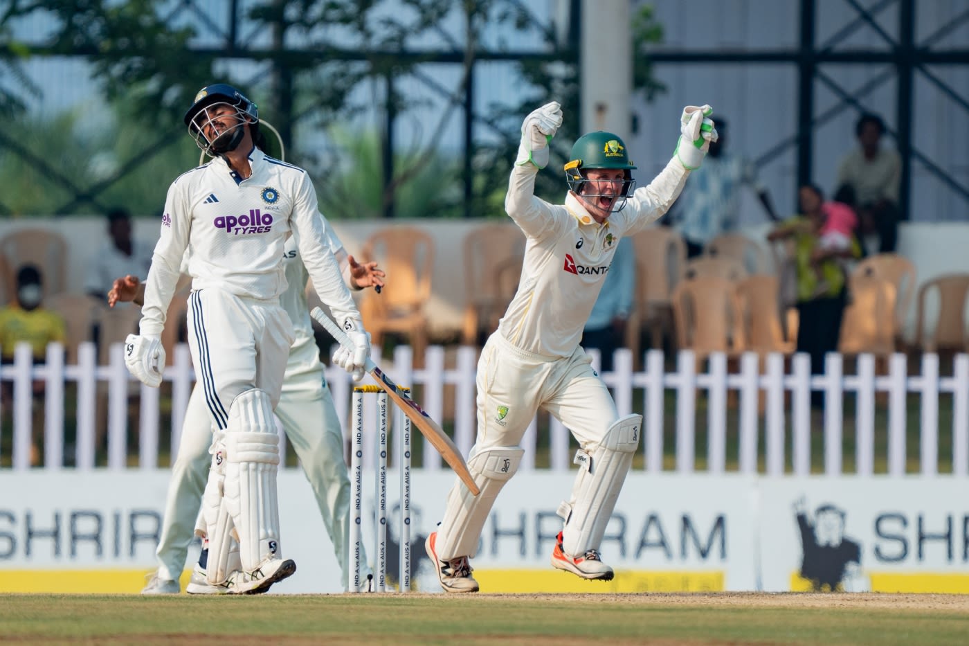 Sam Harper celebrates the dismissal of Yash Rathod