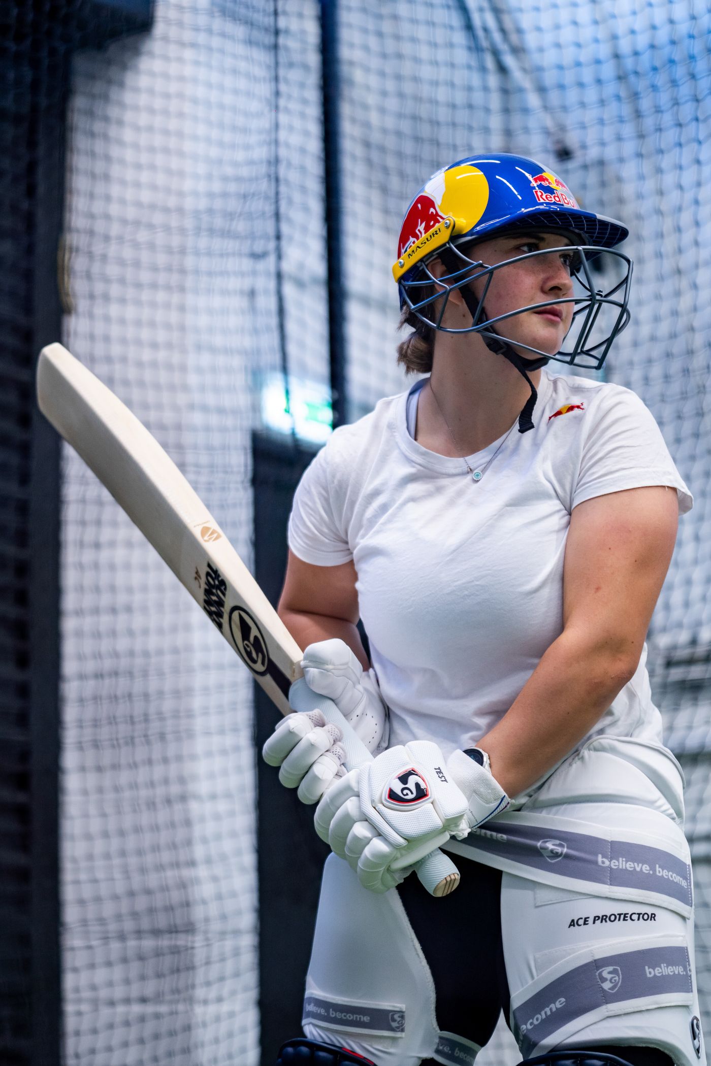 Alice Capsey bats in the nets during a Red Bull event