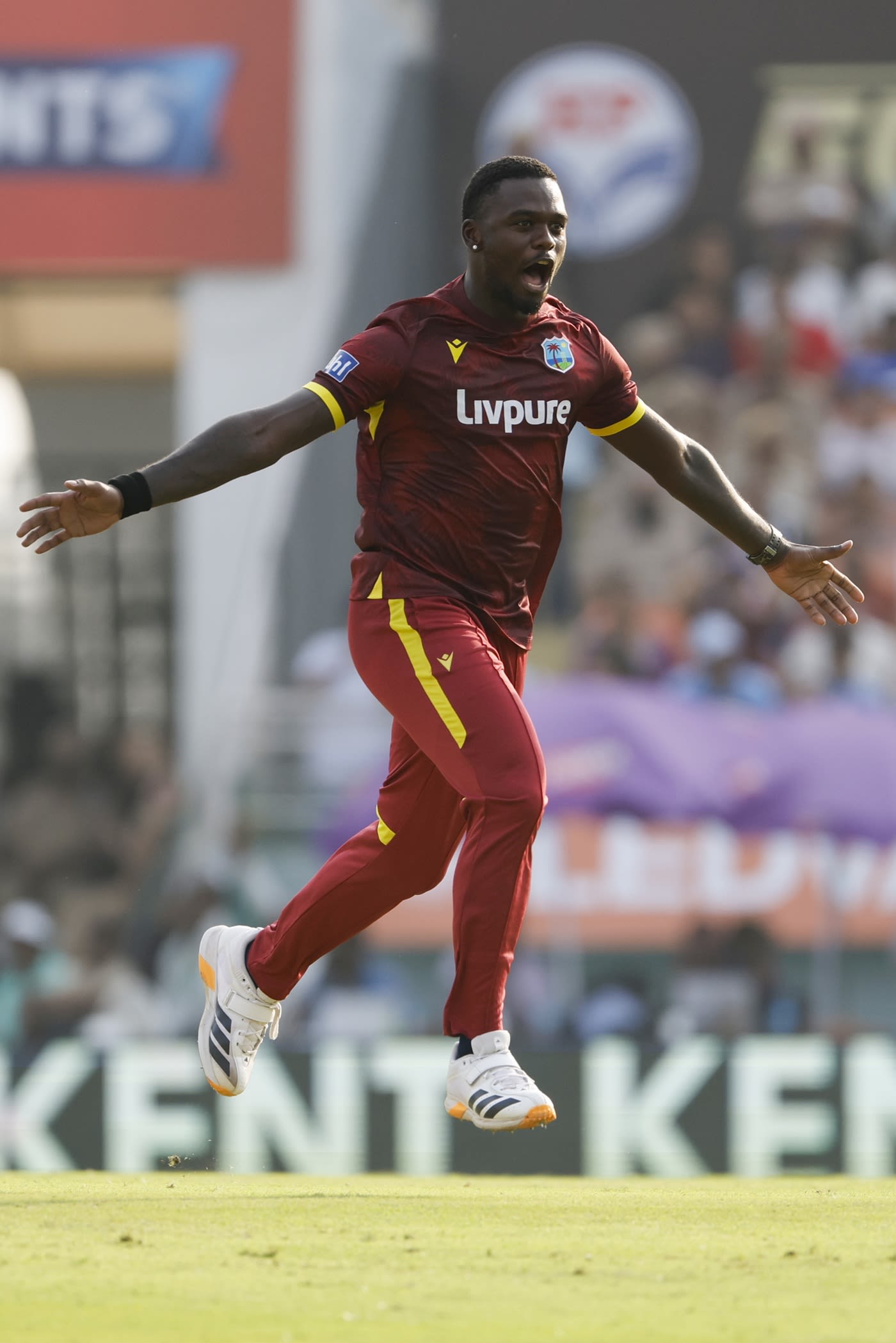 Jayden Seales celebrates Ruturaj Gaikwad's wicket