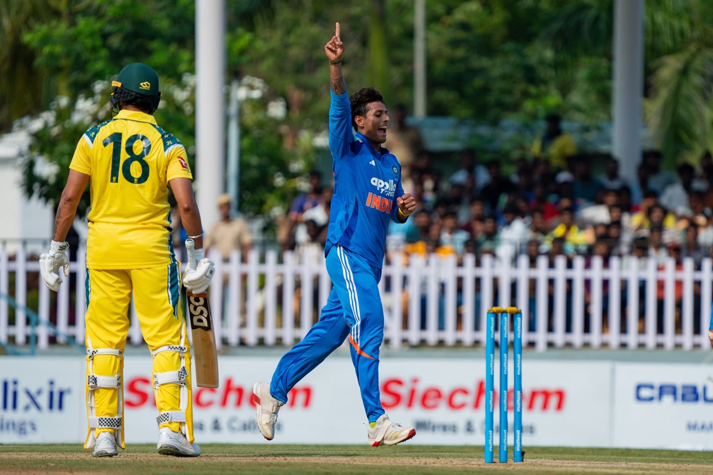 Suryansh Shedge celebrates a wicket