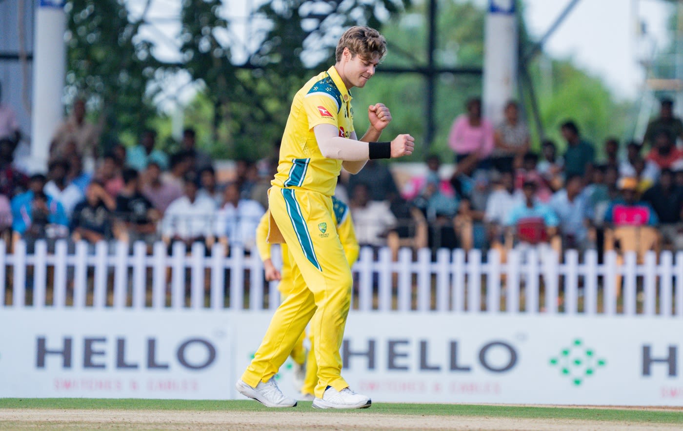 Spencer Johnson is pleased after taking a wicket
