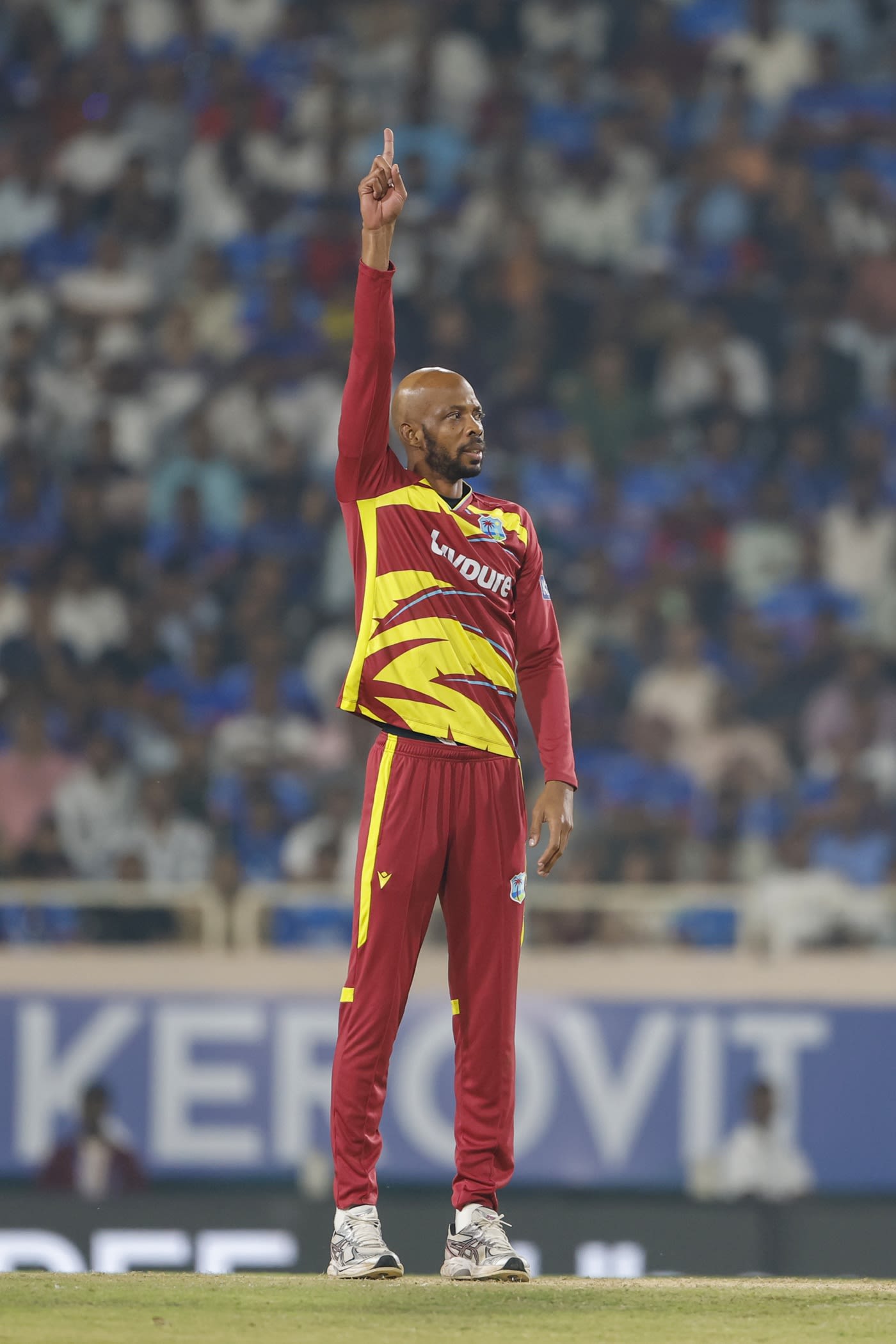 Roston Chase celebrates after getting rid of Abhishek Sharma