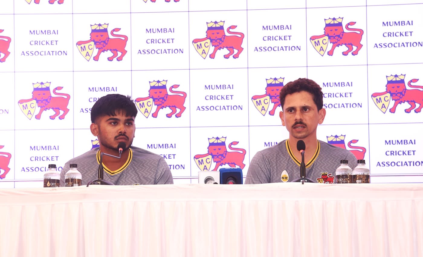 Mumbai vice-captain Ayush Mhatre and captain Siddhesh Lad at the pre-season press conference ahead of the Ranji Trophy