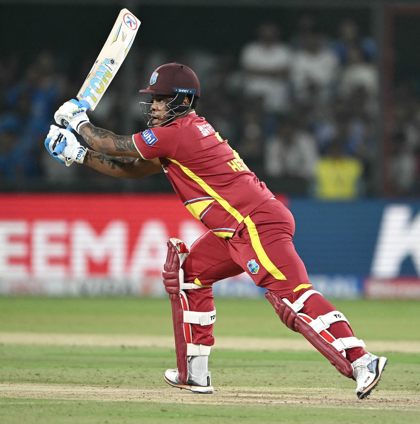 Shimron Hetmyer gives the ball a thump