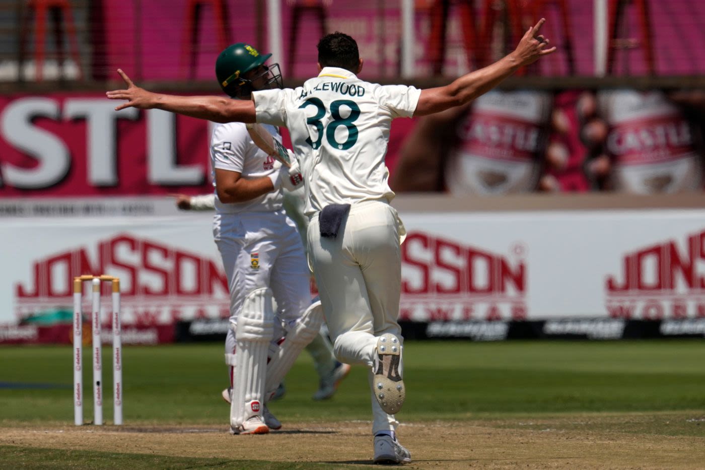 Josh Hazlewood celebrates the wicket of Wiaan Mulder