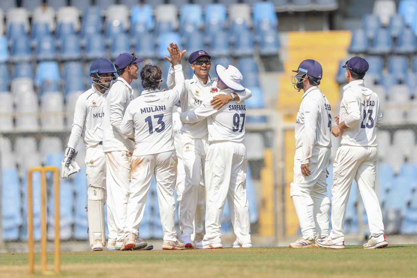 Yashasvi Jaiswal celebrates with his Mumbai team-mates