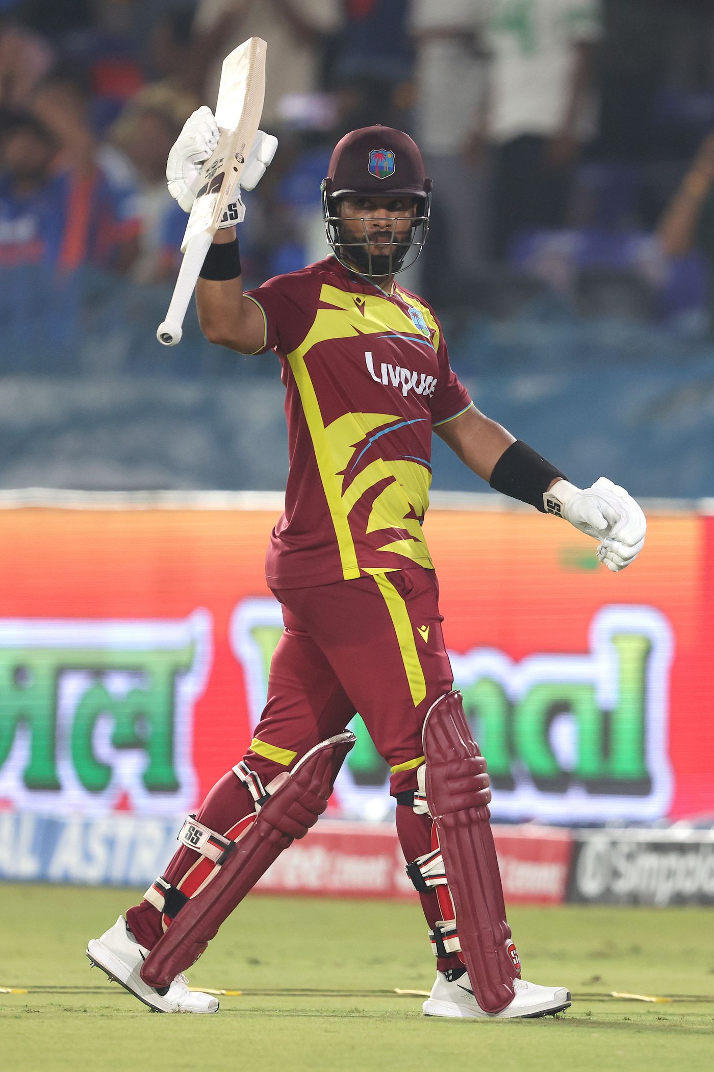 Shai Hope celebrates his second T20I century in the series