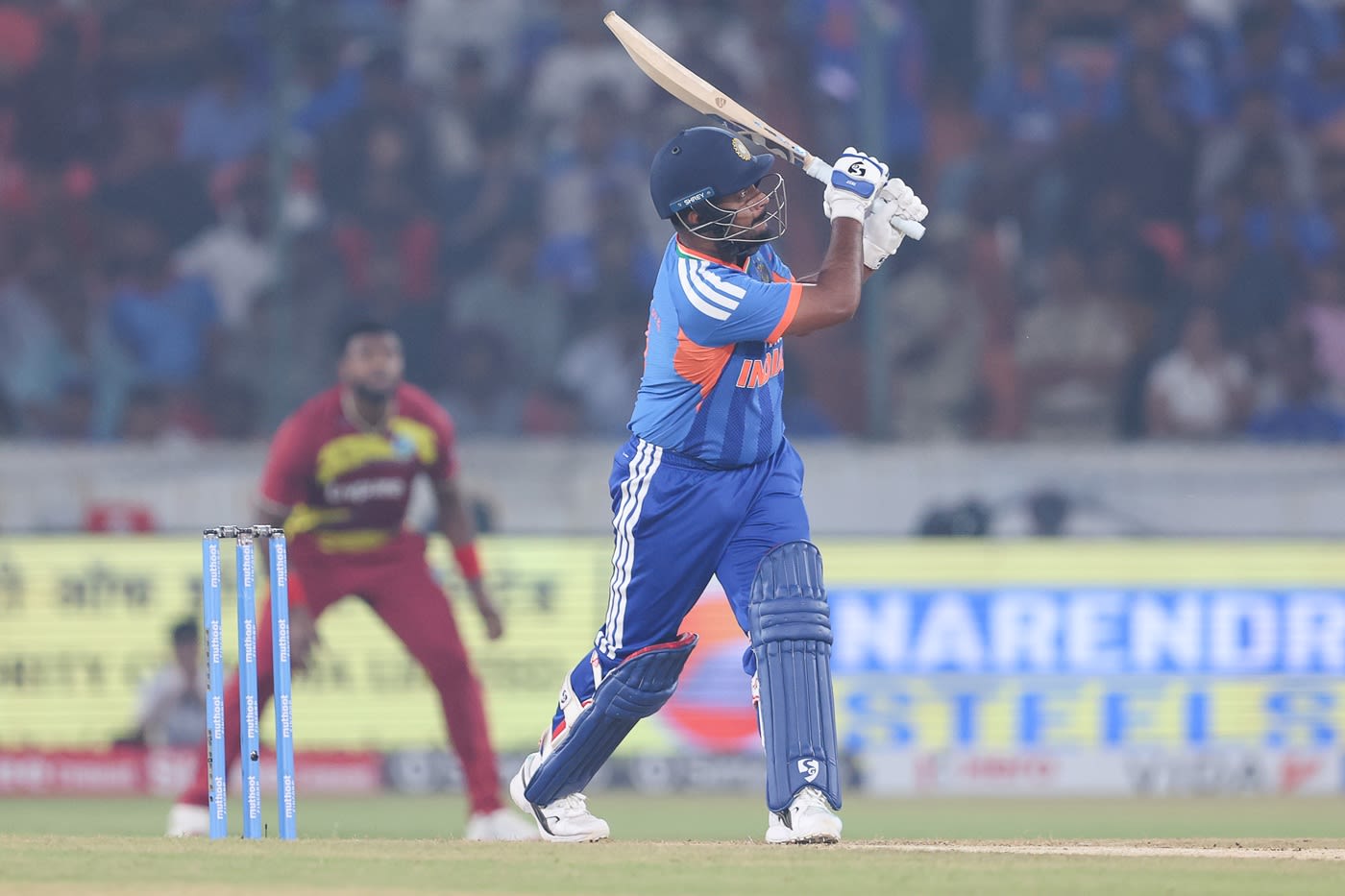 Sanju Samson launches the ball over the leg side