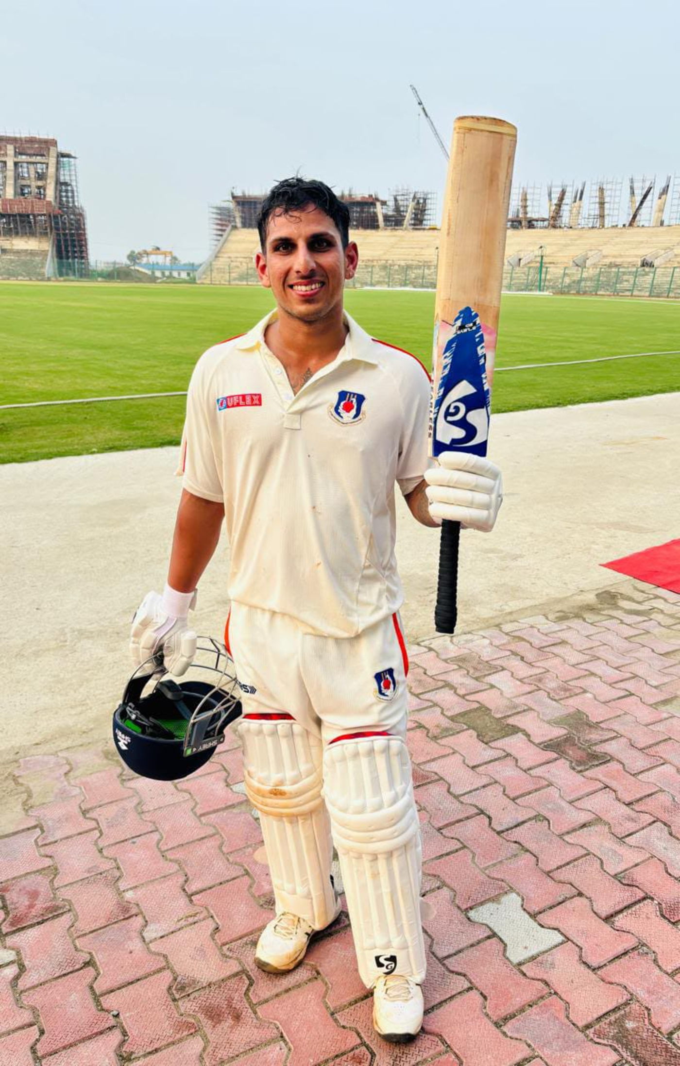 Uttar Pradesh's Madhav Kaushik scored a century against Bihar in Rajgir