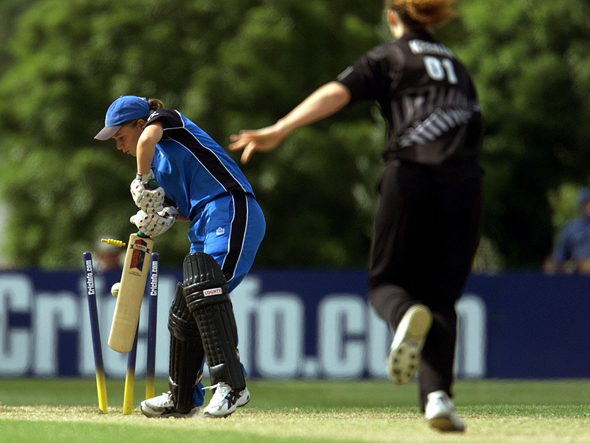 Dawn Holden is bowled by Katrina Keenan for 1