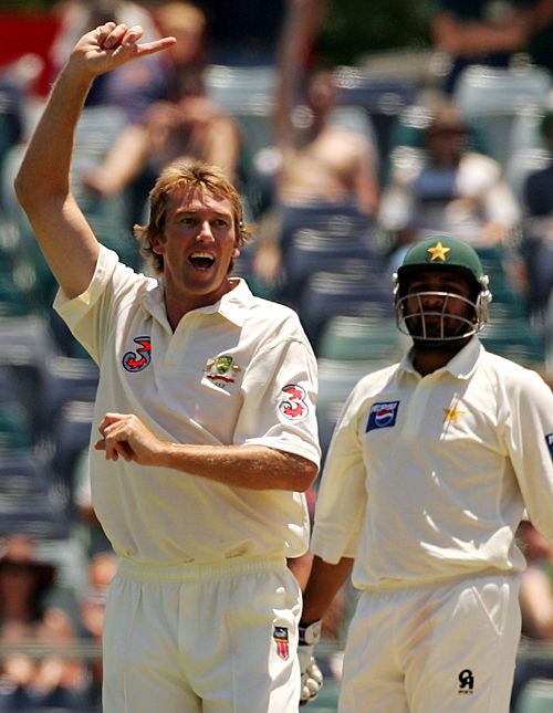 Glenn McGrath celebrates a wicket