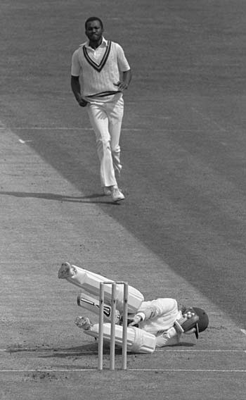 Malcolm Marshall fells Andy Lloyd