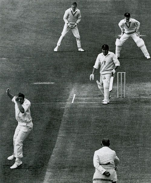 Dick Motz dismisses Phil Sharpe for his 100th Test wicket