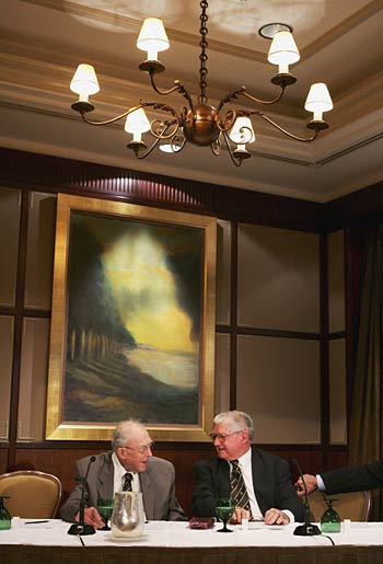 Bill Johnston and Neil Harvey talk during a reunion of the remaining Invincibles in Sydney