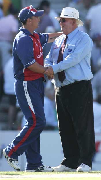Darren Gough shakes David Shepherd's hand as the umpire bows out of international cricket