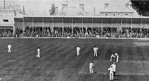 Charlie McLeod bowling to Bernie Bosanquet