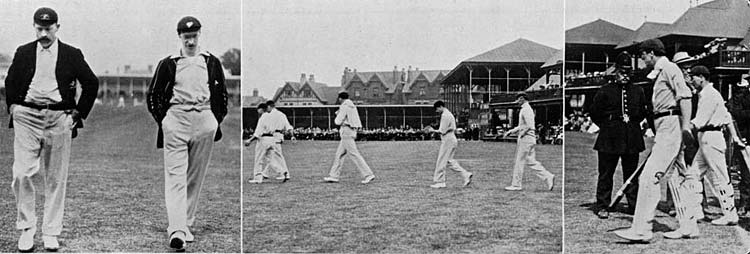 (L-R) Stanley Jackson and Joe Darling; Australia take the field; Bernie Bosanquet and Johnny Tyldesley