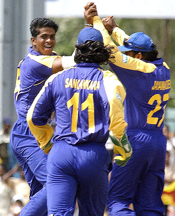 Dilhara Lokuhettige celebrates the dismissal of Mahendra Singh Dhoni