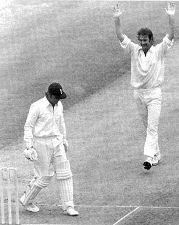 Dennis Lillee traps Dennis Amiss lbw for 0