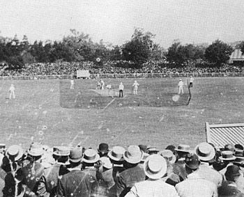 Play underway in the fifth Test between England and Australia at Melbourne in 1895