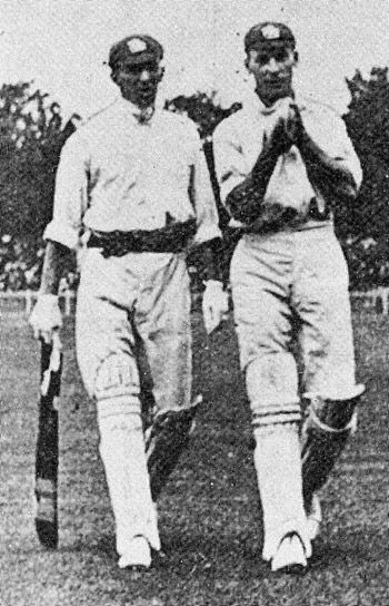 George Gunn and Jack Hobbs open for England in the fourth Test at Melbourne in 1908