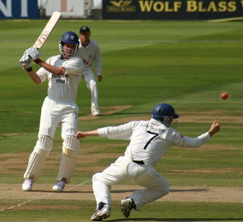 Richard Montgomerie narrowly misses catching Chris Peploe