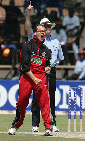 Gaving Ewing vents his emotions after dismissing Brendon McCullum