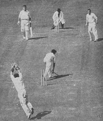 Trevor Bailey is bowled by Ron Archer