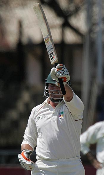 Terry Duffin celebrates his half century on debut against India