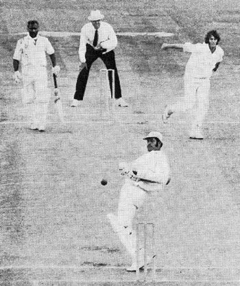 Hylton Ackerman sways out the way of a Dennis Lillee bouncer
