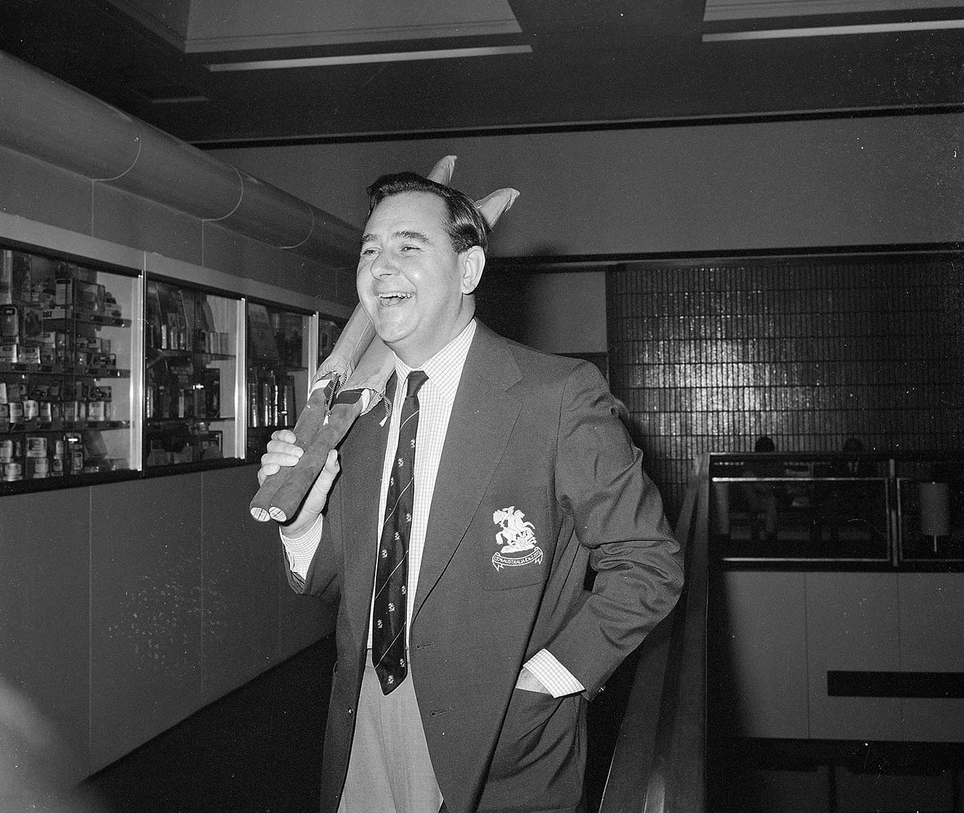 Colin Cowdrey at Heathrow airport, on his way to Australia